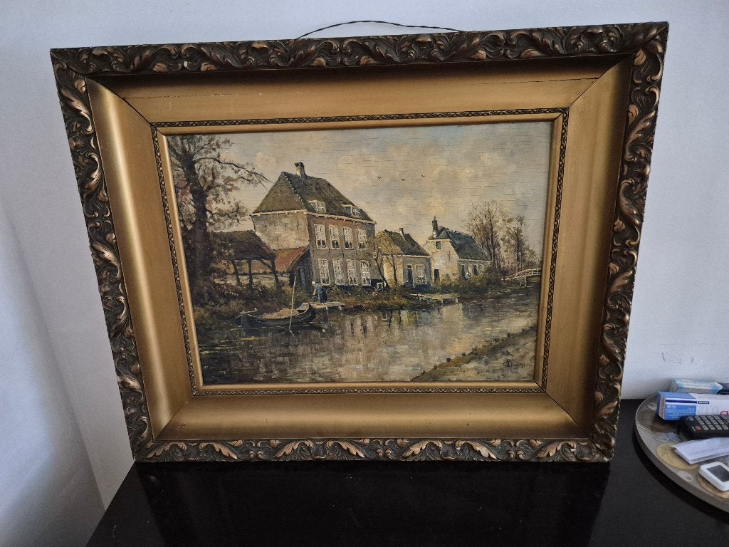 Dorpsgezicht gesigneerd Remmerswaal, Antiek en Kunst, Ophalen, Doek, Realistisch, Olieverf