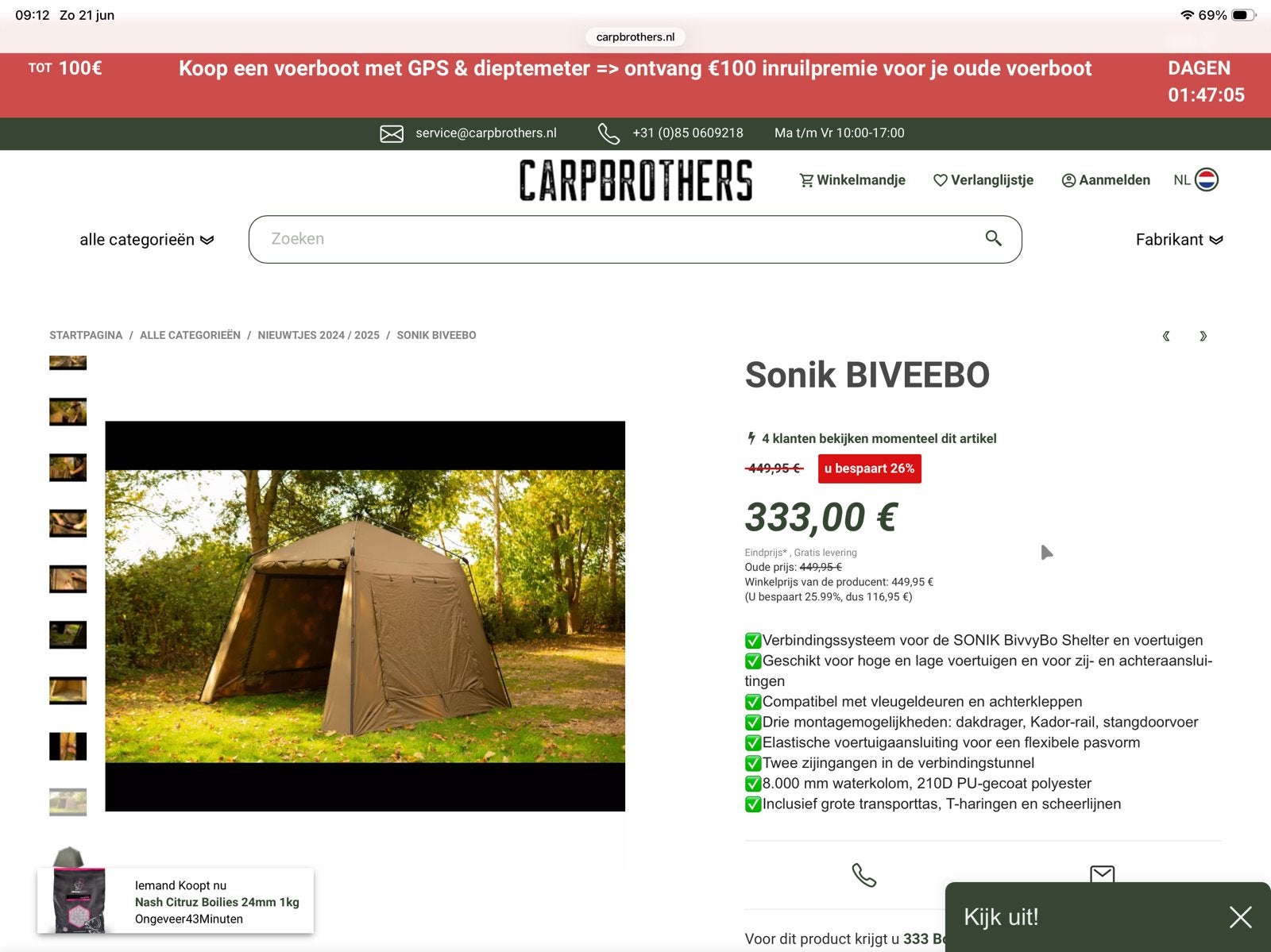 Complete karper overnachtings set ZGAN sonik biveebo banktek, Ophalen, Zo goed als nieuw, Complete set