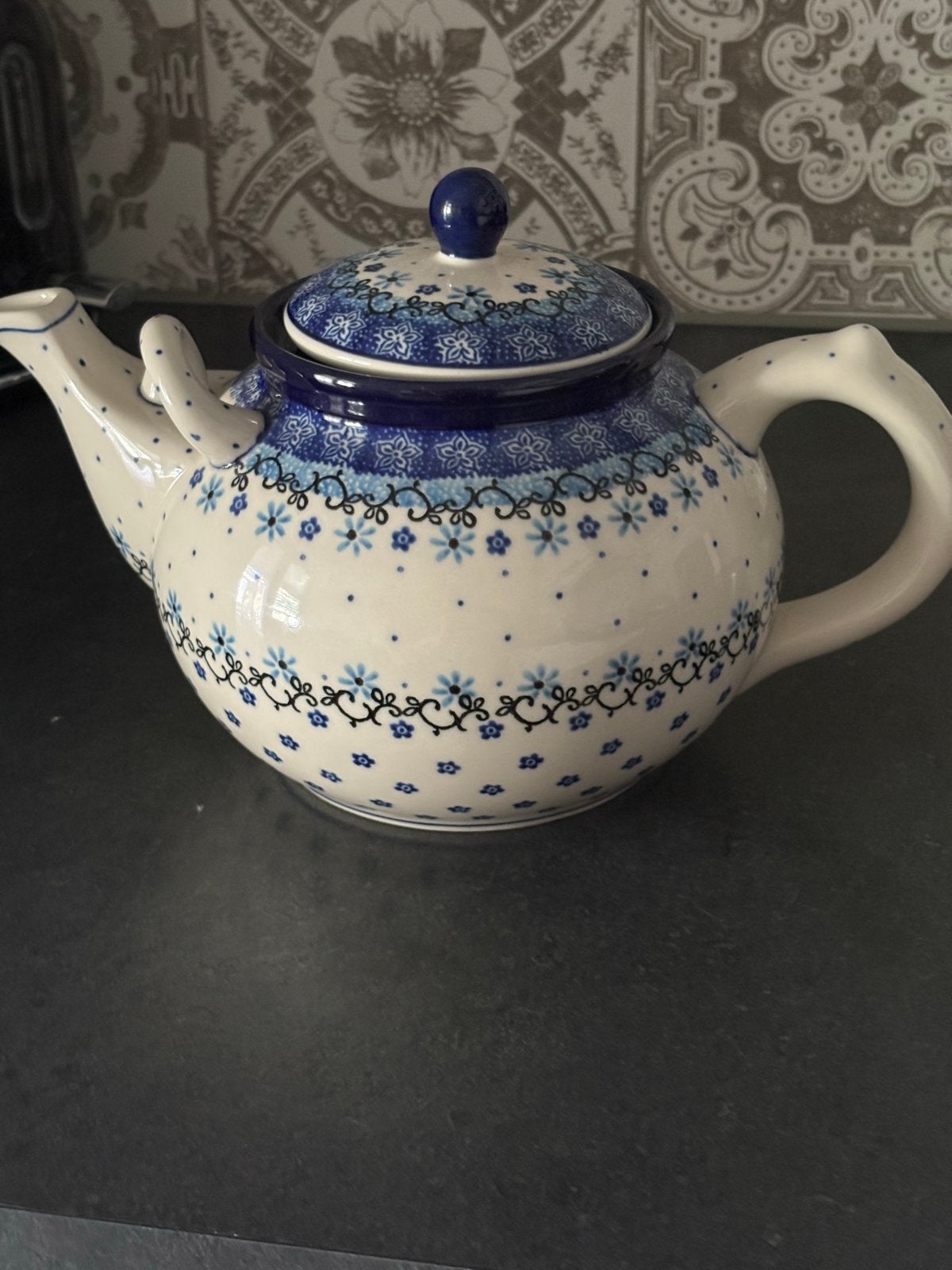 Prachtige Poolse theepot met theestoof, handgemaakt Bunzlau, Overige merken, Keramiek, Vintage, Ophalen of Verzenden