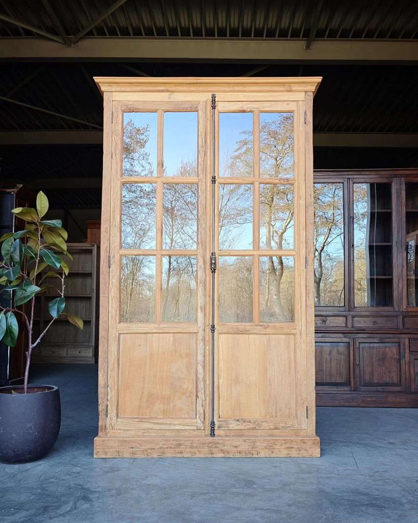 Hoge franse vitrinekast | Espagnolet sluitingen - Teak #2731, Niet ingevuld, 100 tot 150 cm, 200 cm of meer, Niet ingevuld