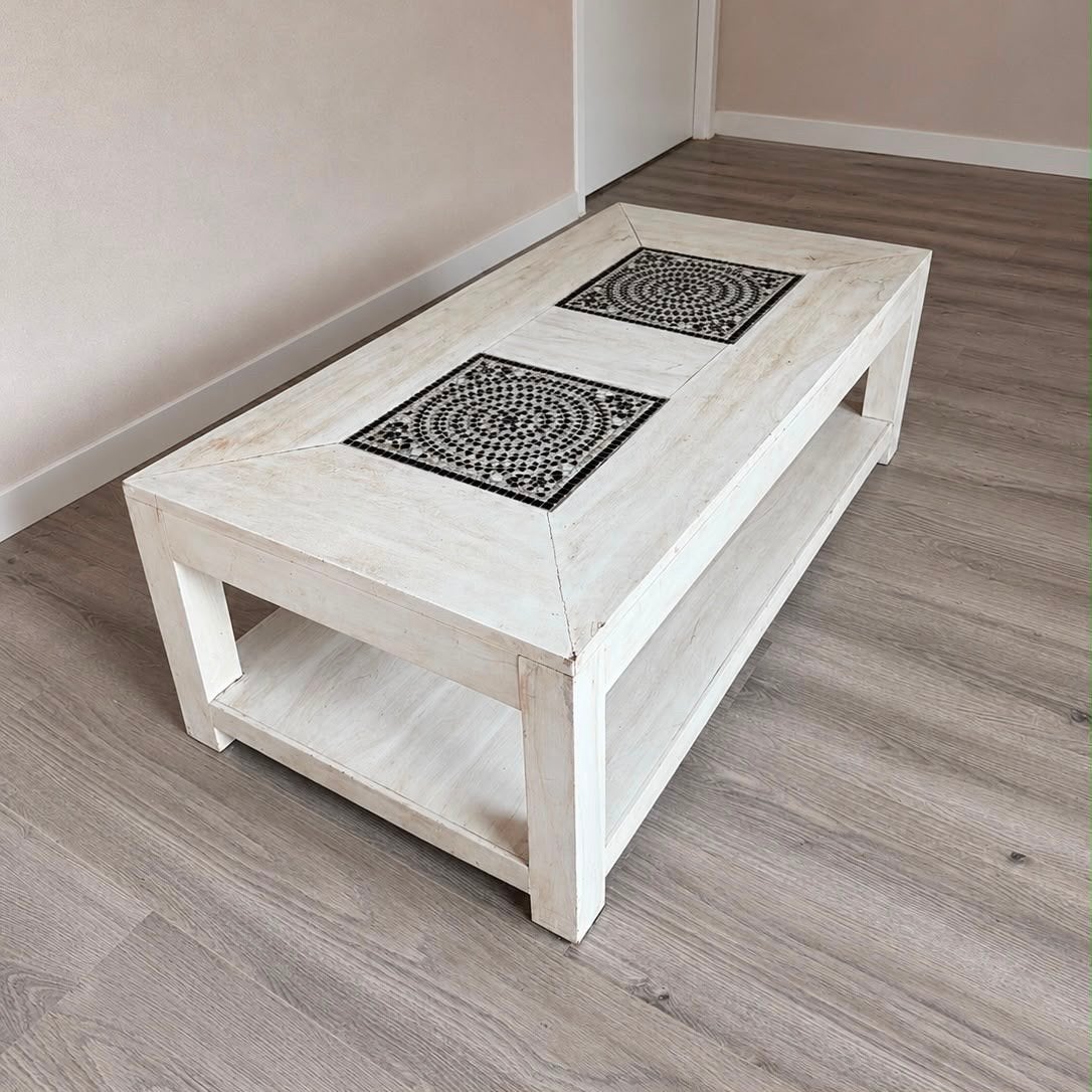 Salontafel wit met mozaïek inleg, Ophalen, Gebruikt, 100 tot 150 cm, 50 tot 100 cm