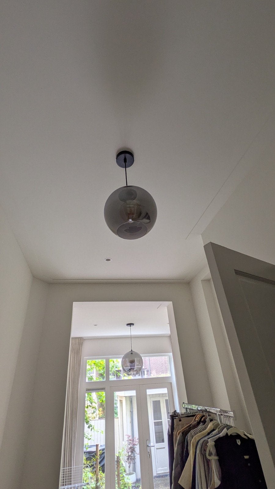 Two ceiling light fixtures, smokey glass globes, Ophalen