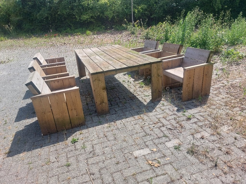 steigerhouten tafel met 6 stoelen ( 501040), Tuin en Terras, Tuinsets en Loungesets, Ophalen, Gebruikt, Steigerhout