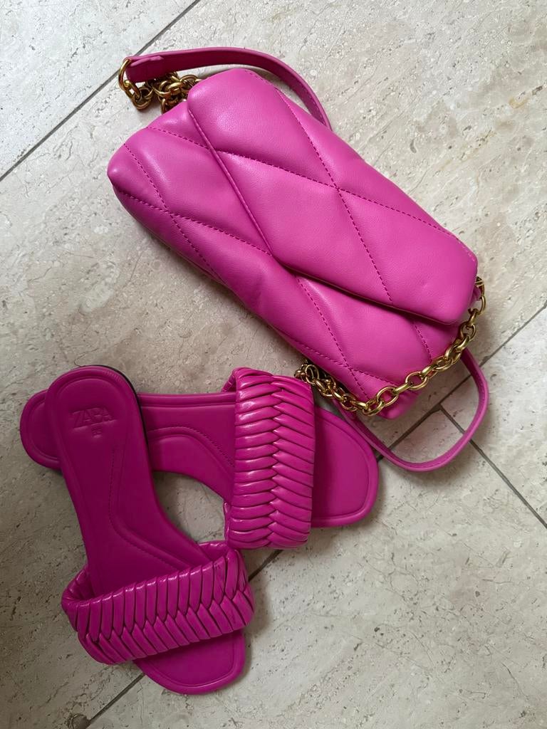 Roze Mango tas en Zara slippers set, Ophalen of Verzenden, Zo goed als nieuw, Roze, Schoudertasje