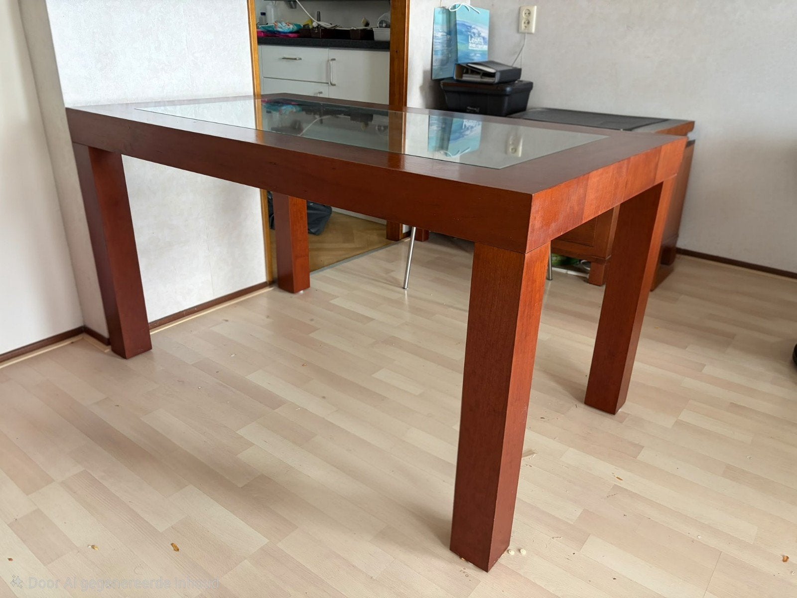 Kersenhouten eettafel met glasplaat, 140x80 cm, Ophalen, 100 tot 150 cm, 50 tot 100 cm, Vier personen