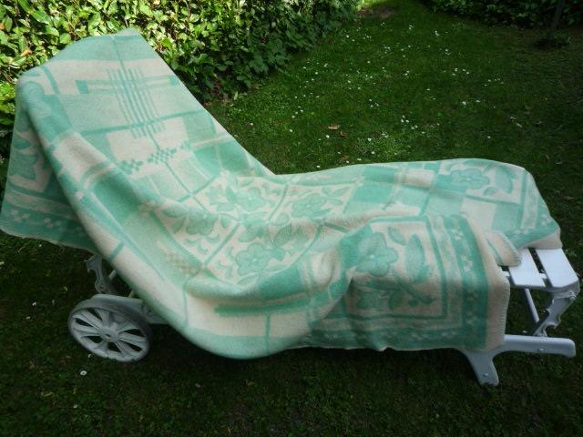 vintage wollen deken fris groen bloem 220x170 royaal 1pers, Ophalen of Verzenden, Gebruikt