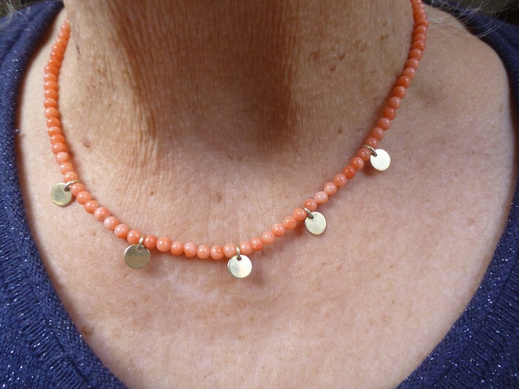 Collier Angelskin Koraal met  'Muntjes' Goud op Zilver, Verzenden, Nieuw, Met edelsteen, Goud