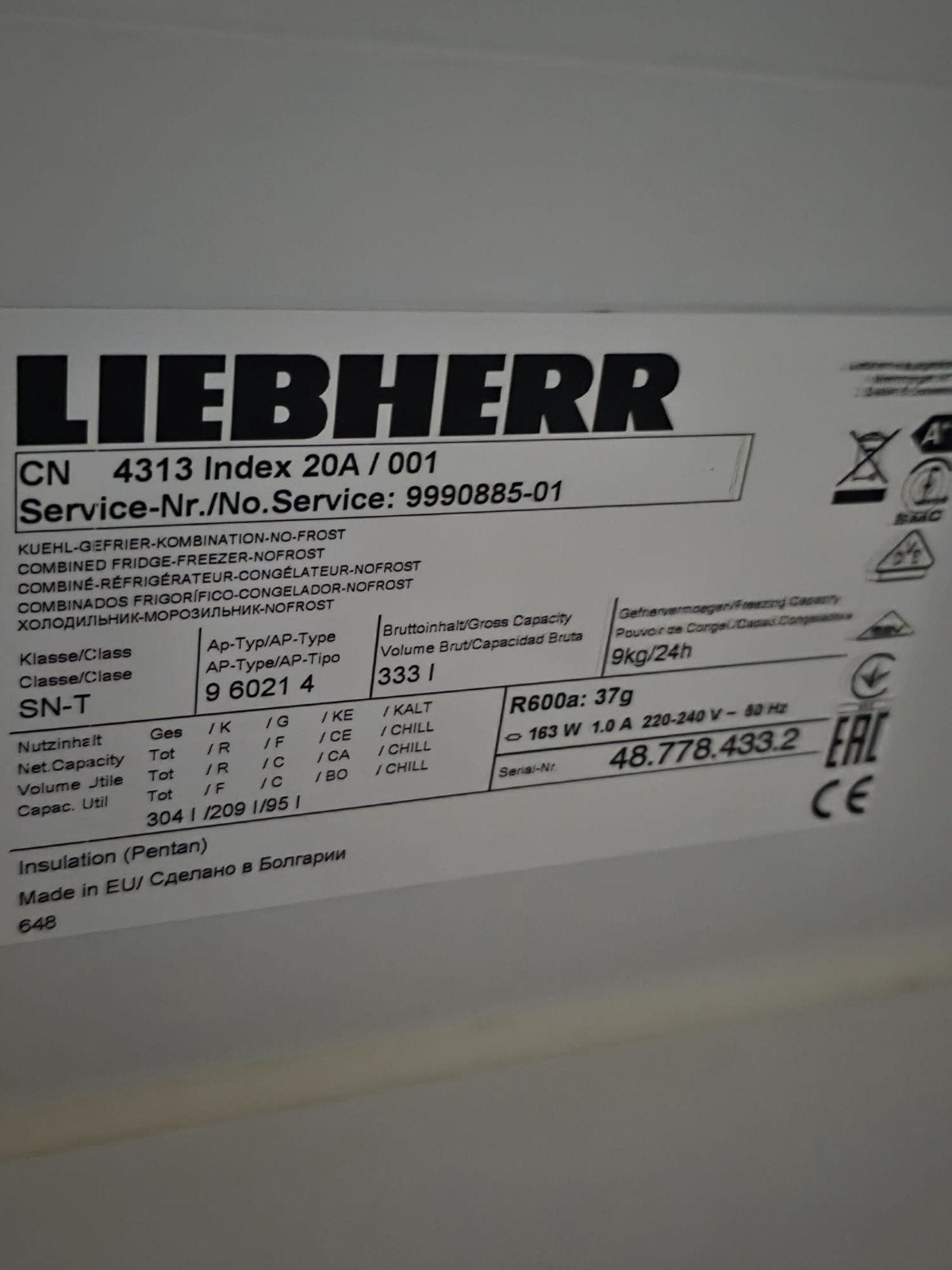 Liebherr CN 4313 Koel-vriescombinatie met NoFrost, Ophalen, 200 liter of meer, 60 cm of meer, Met aparte vriezer