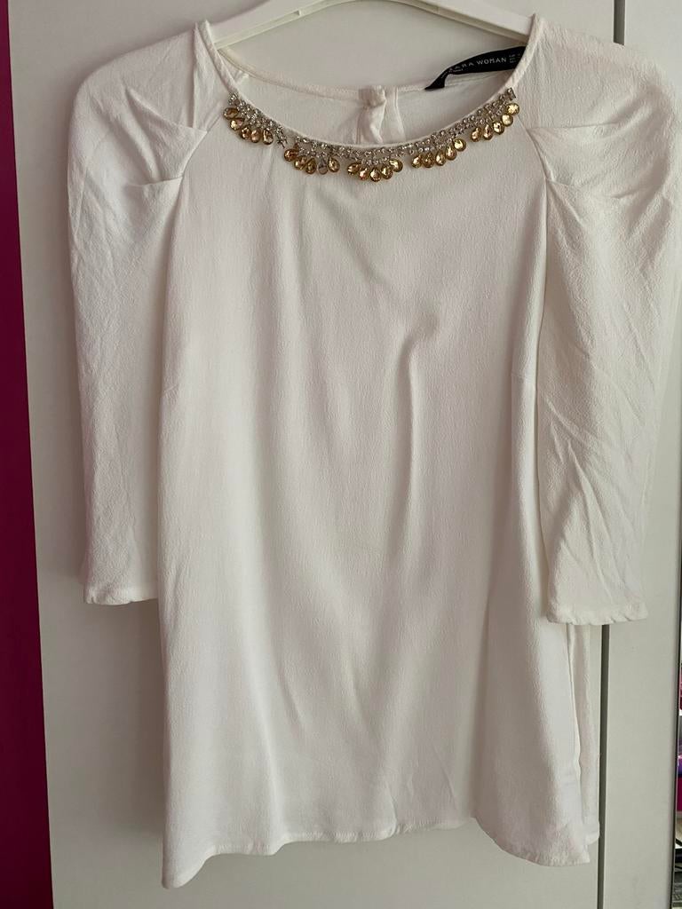 Zara Woman Witte Top met Gouden en Zilveren Steentjes Maat M, Ophalen of Verzenden, Zo goed als nieuw, Maat 38/40 (M), Wit