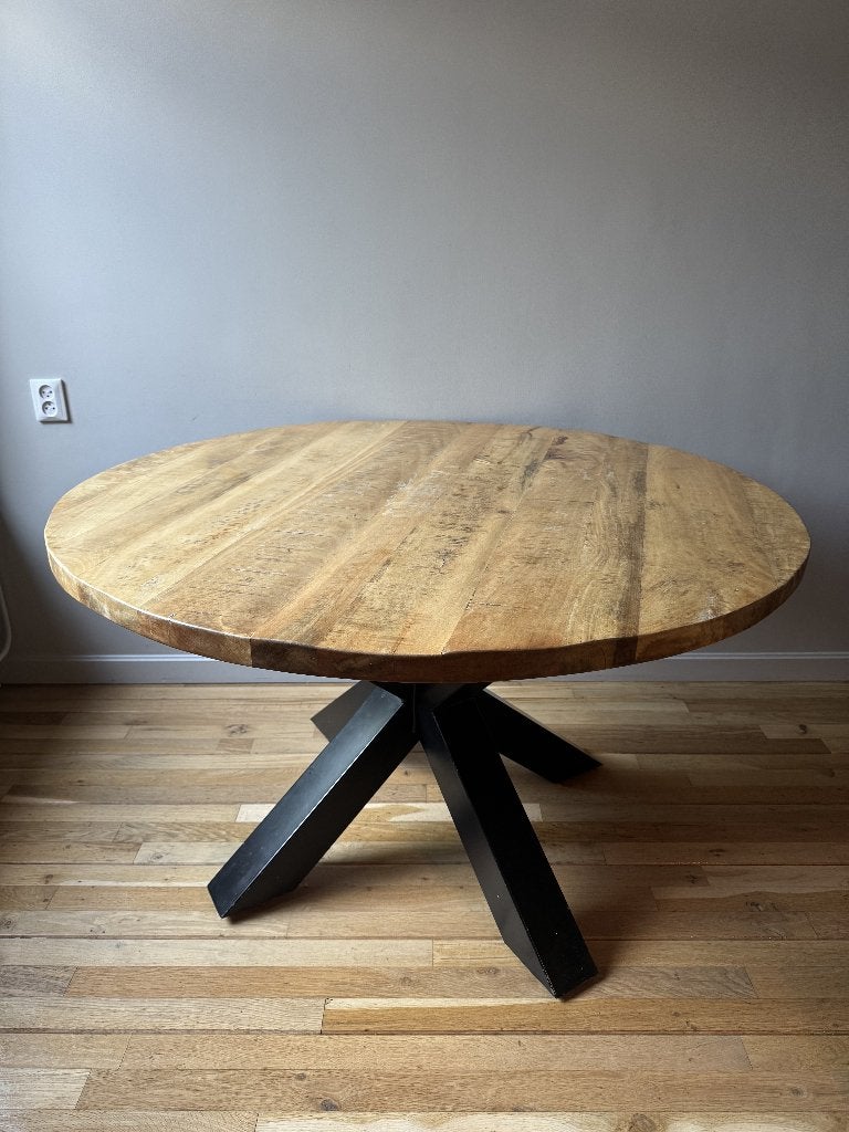 Ronde eettafel met mangohouten blad en metalen onderstel, Ophalen, Gebruikt, Overige materialen, Rond