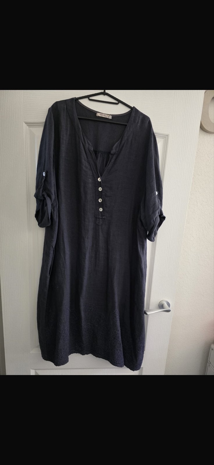 Donkerblauwe linnen jurk Paprika maat M, Kleding | Dames, Ophalen, Blauw, Maat 46/48 (XL) of groter, Knielengte