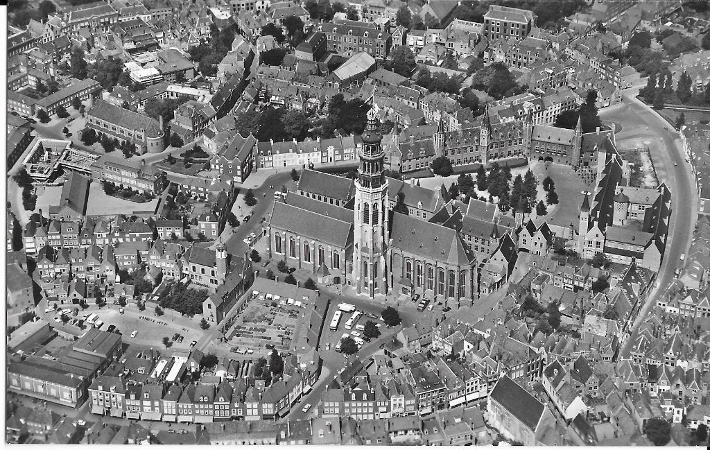 Middelburg, Lange Jan, Nieuwe kerk met Koorkerk, luchtfoto, Ophalen of Verzenden, 1960 tot 1980, Ongelopen, Zeeland