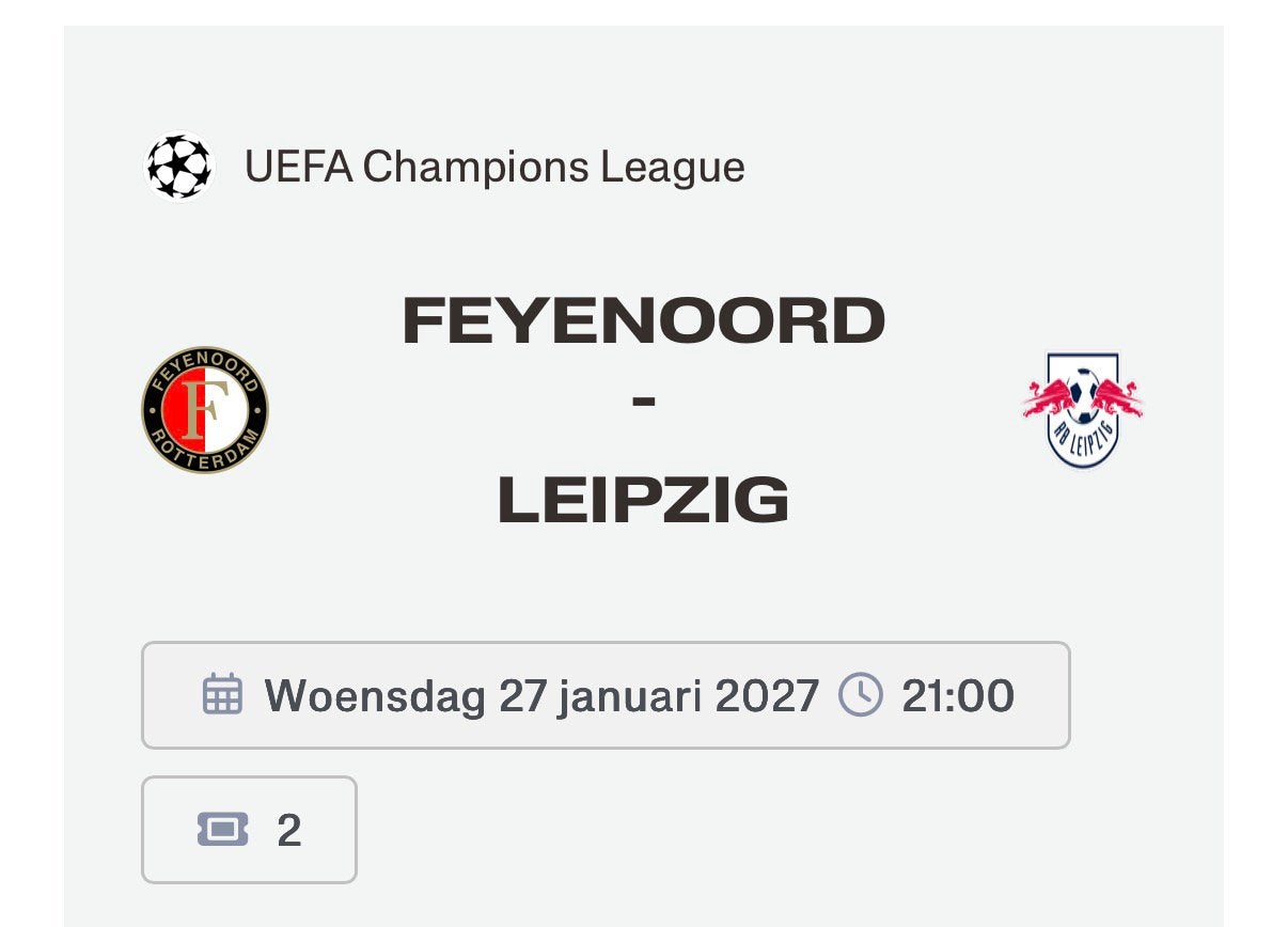 2 kaarten CL Feyenoord - Leipzig, Twee personen, Januari