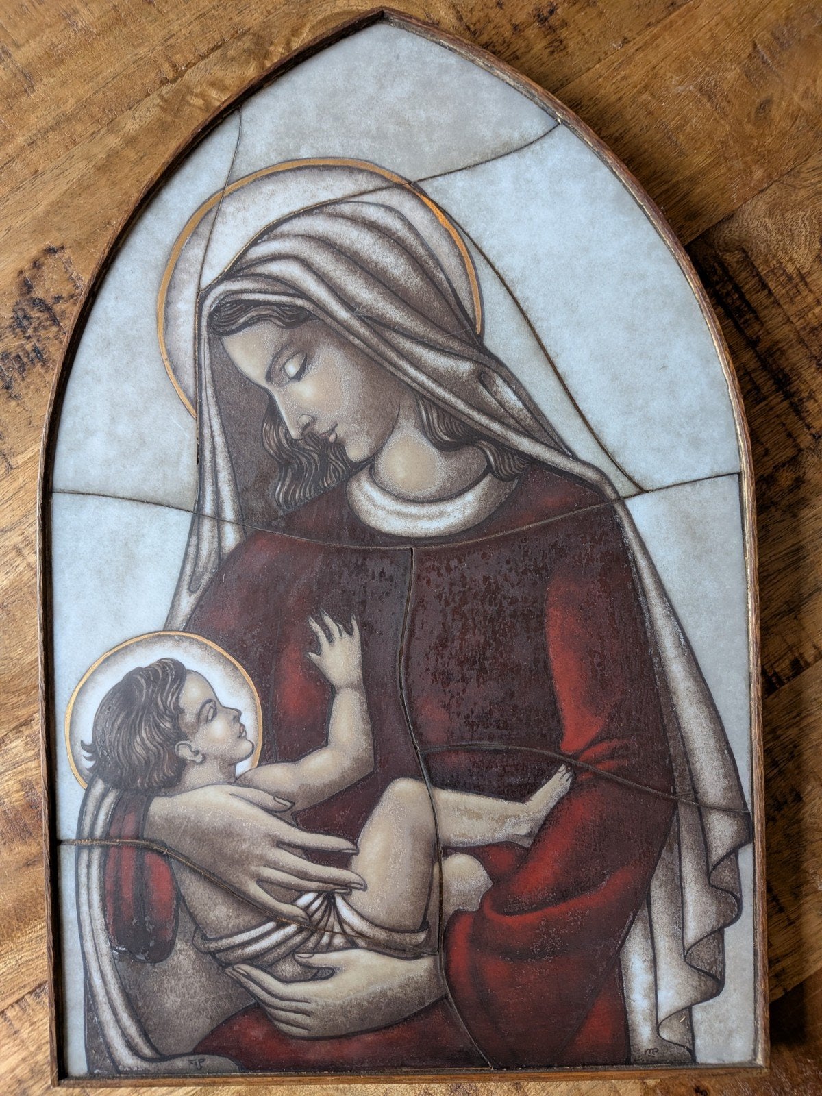 Art Deco Opalineglas Icoon Maria met Kind, Ophalen