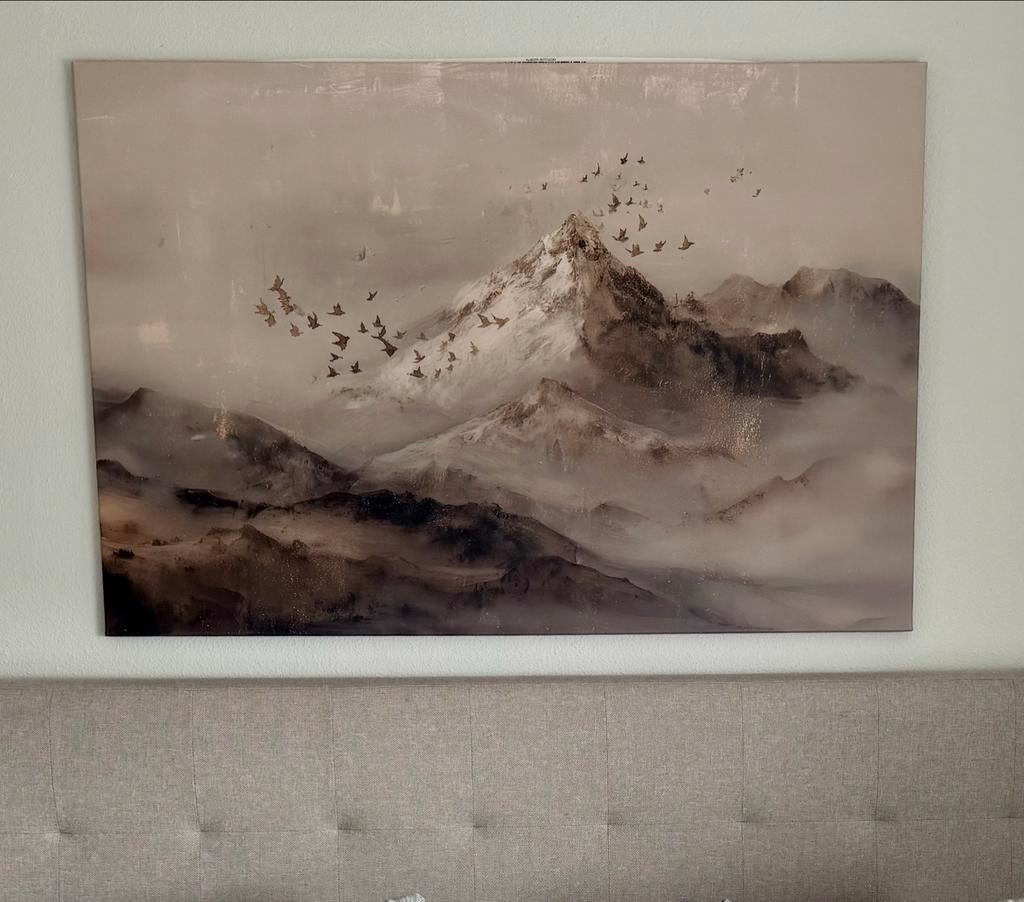 Schilderij met berglandschap en vogels, Antiek en Kunst, Ophalen of Verzenden