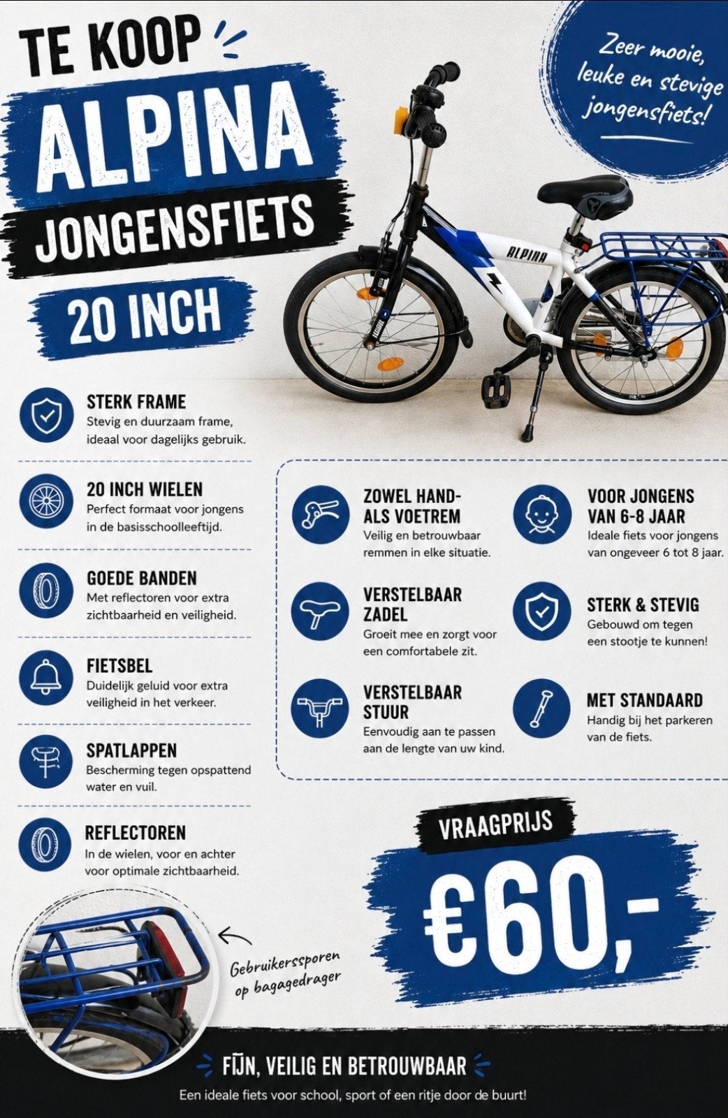 Mooie, stevige en betrouwbare Alpina jongensfiets 20 inch, Fietsen en Brommers, Fietsen | Jongens, Ophalen, Terugtraprem, Gebruikt