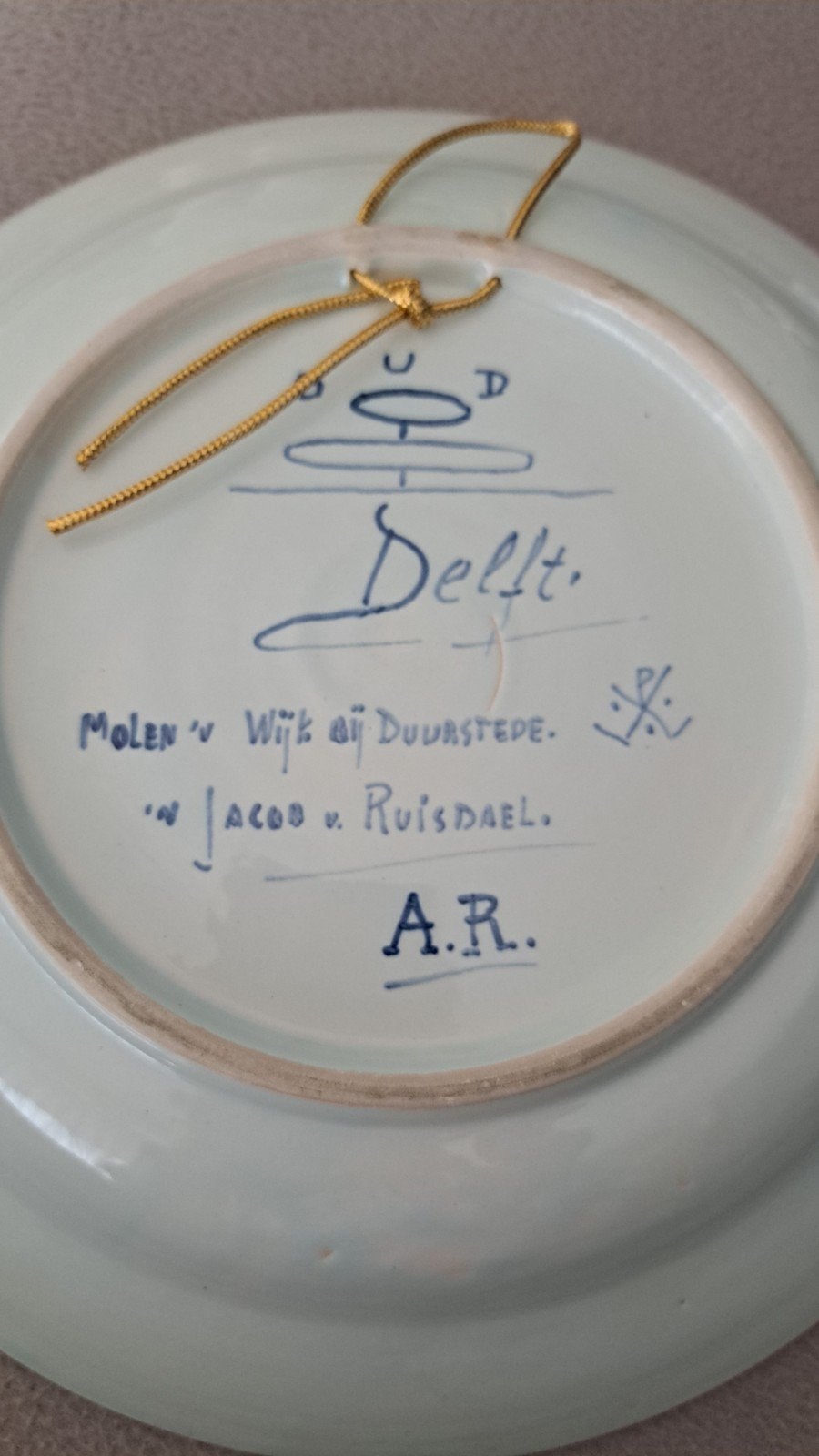 Delfts blauw bord met molen en signatuur, Ophalen