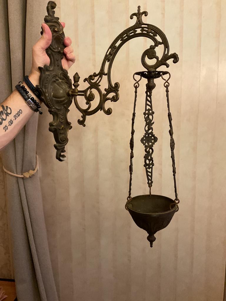 Antieke Jugendstil wand olielamp  ca. 1900 – messing/brons, Ophalen of Verzenden
