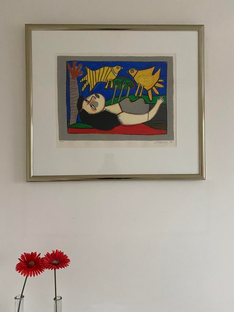 Corneille zeefdruk 1998 (vrouw met 2 vogels), Antiek en Kunst, Ophalen