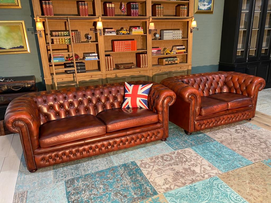 Springvale Chesterfield 3+2 zit bankstel roodbruin, Ophalen of Verzenden, Zo goed als nieuw, 75 tot 100 cm, Leer