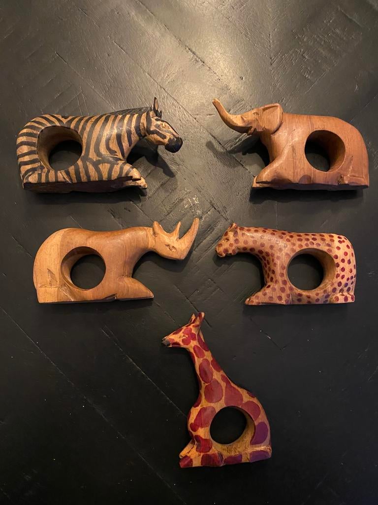 Houten servetring, oa giraffe,zebra, Afrika, 5 st €12,50, Ophalen