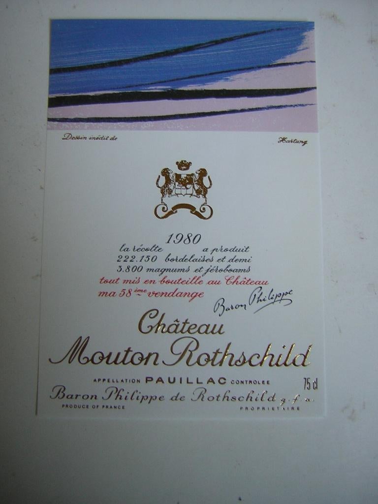 Origineel Chateau Mouton Rothschild Wijn Etiket 1980, Frankrijk, Nieuw, Ophalen of Verzenden, Rode wijn