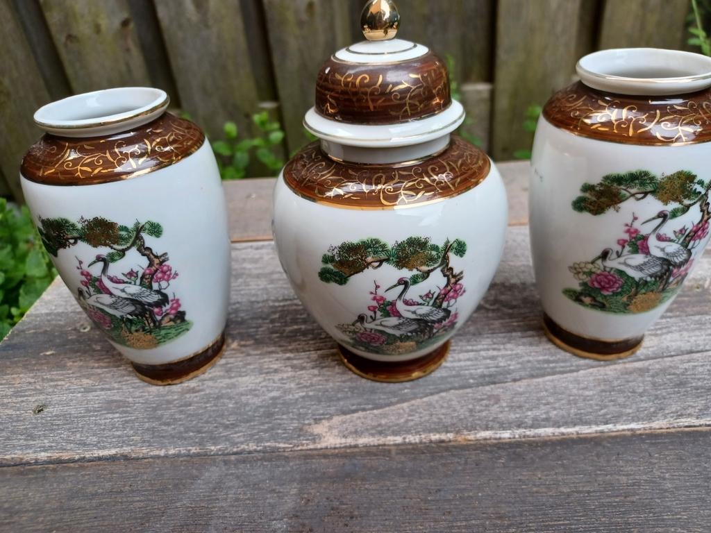 Antiek kaststel kast stel met kraanvogels vogels, Antiek en Kunst, Antiek | Vazen, Ophalen of Verzenden