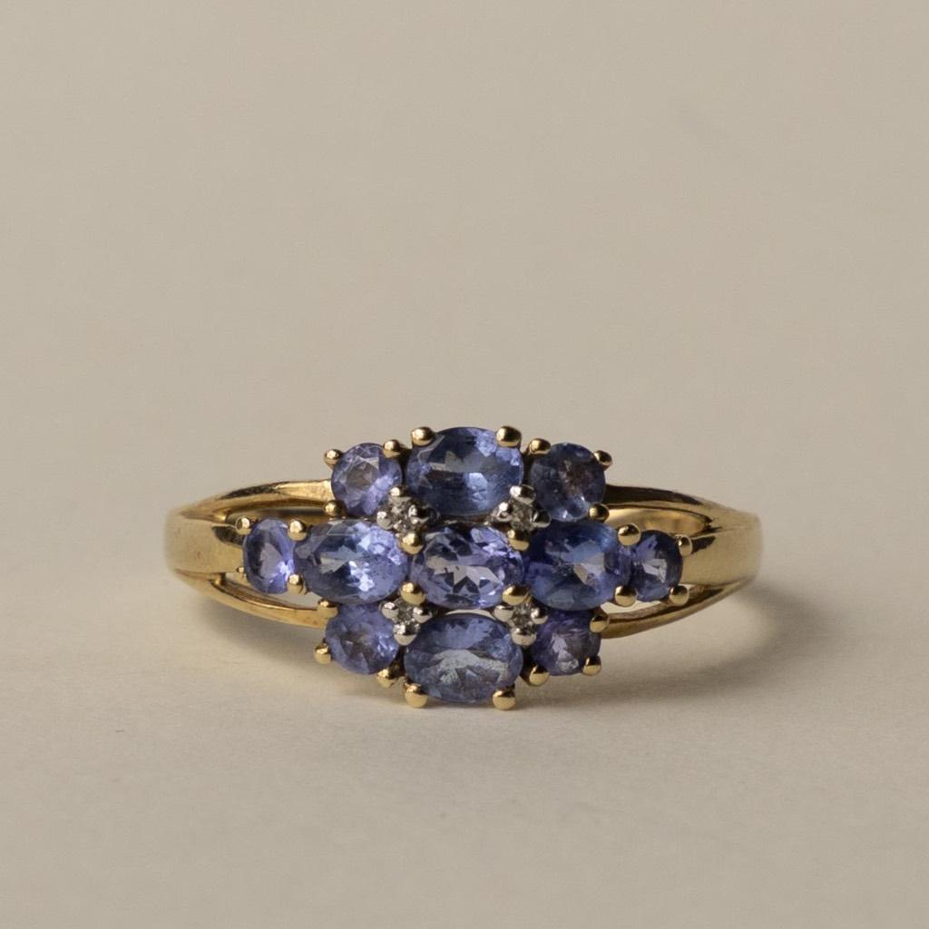 vintage 9 karaat gouden tanzanite & diamant ring, Verzenden, Zo goed als nieuw, 17 tot 18, Nvt