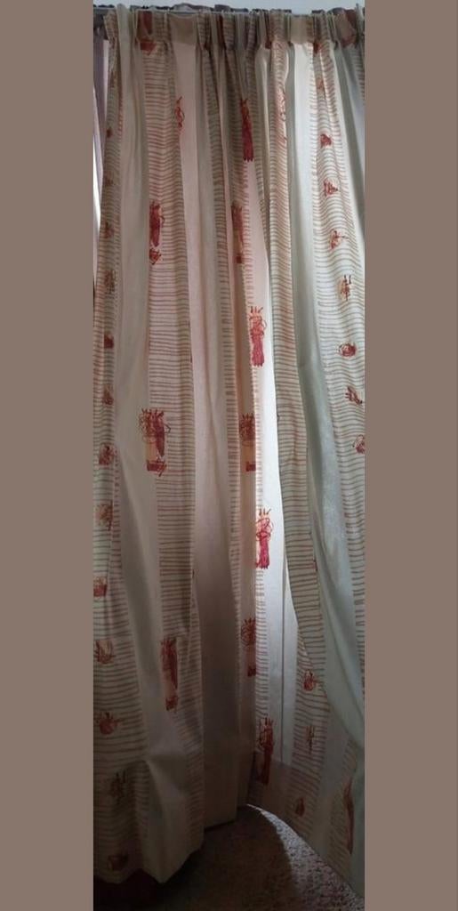 2x Vintage Gordijnen met jaren 80 print incl. gordijnhaakjes, Ophalen, Bruin, 200 cm of meer, Zo goed als nieuw