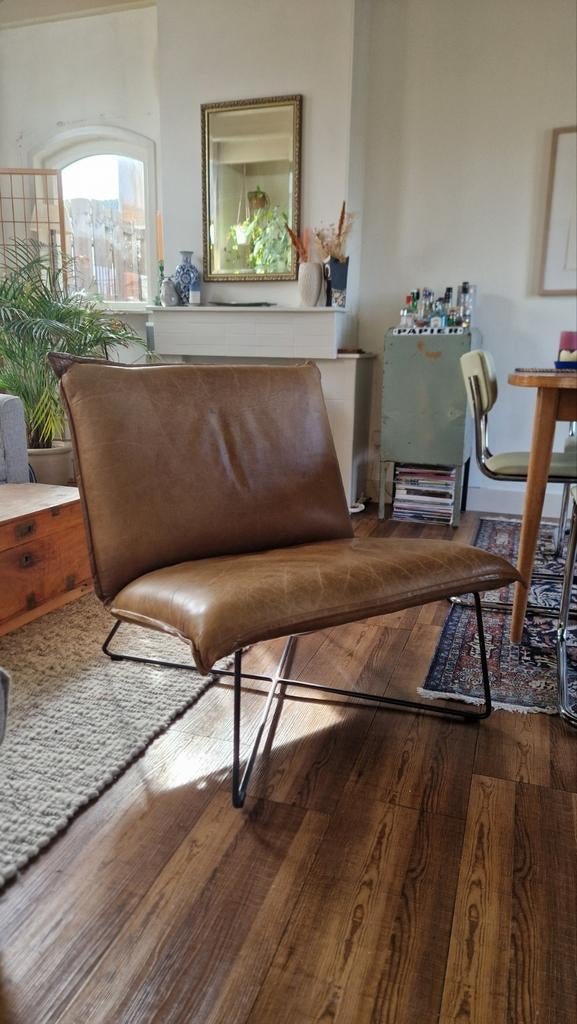 Chic design stoel / fauteuil van leer, Ophalen, Gebruikt, 75 tot 100 cm, Leer
