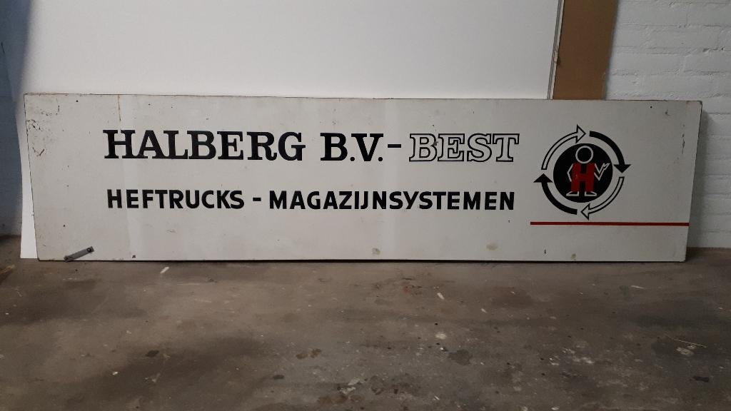 Reclame bord Halberg Heftrucks hout 2 stuks, Ophalen, Gebruikt, Reclamebord