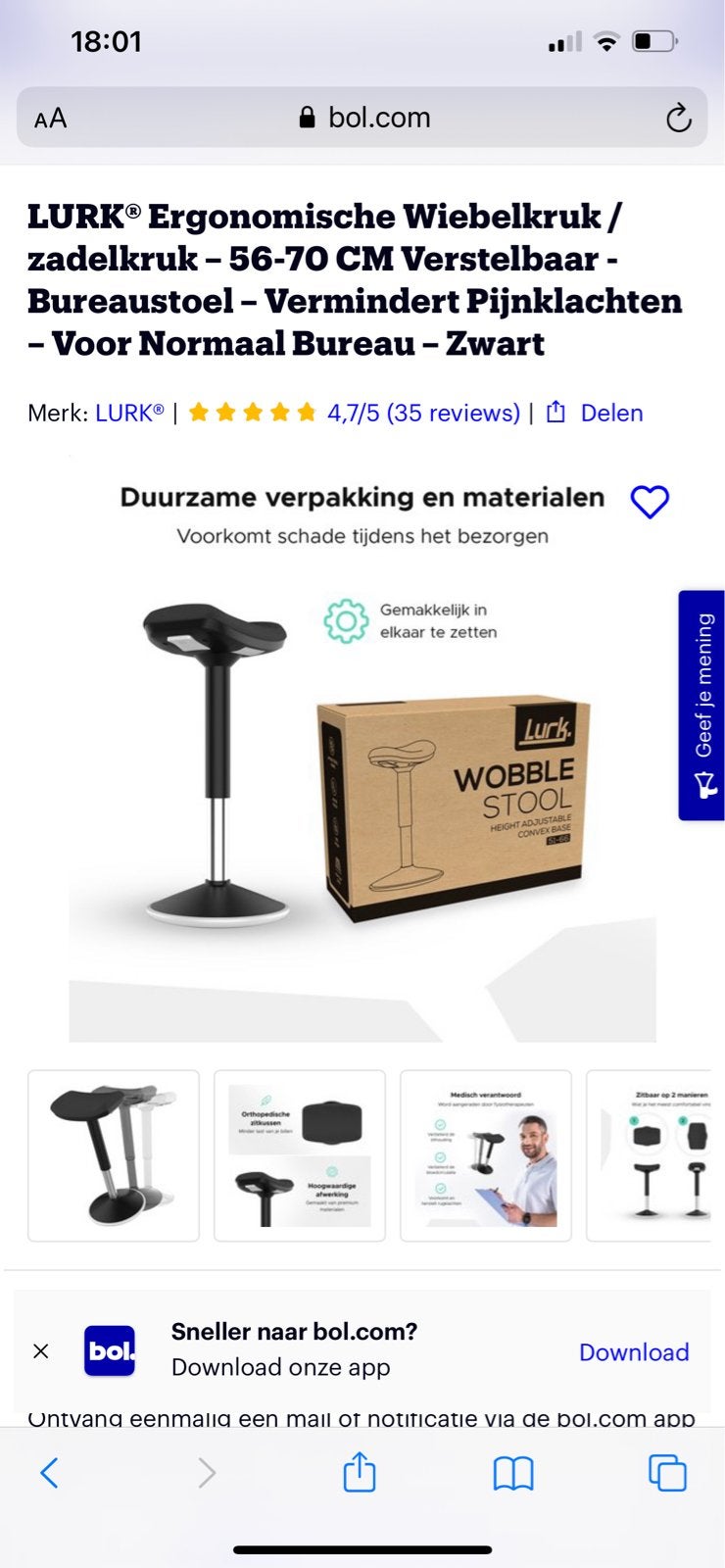 LURK Ergonomische Wiebelkruk - Zwart - Verstelbaar, Zwart, Nieuw, Ophalen of Verzenden, Bureaukruk