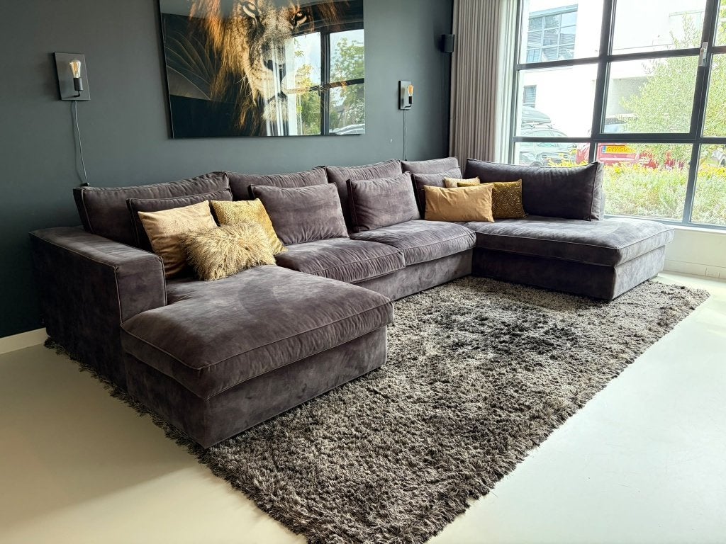 Grote luxe U-bank WHOON Annabelle – velvet antraciet/grijs, Ophalen, Hoekbank, 300 cm of meer, Zo goed als nieuw