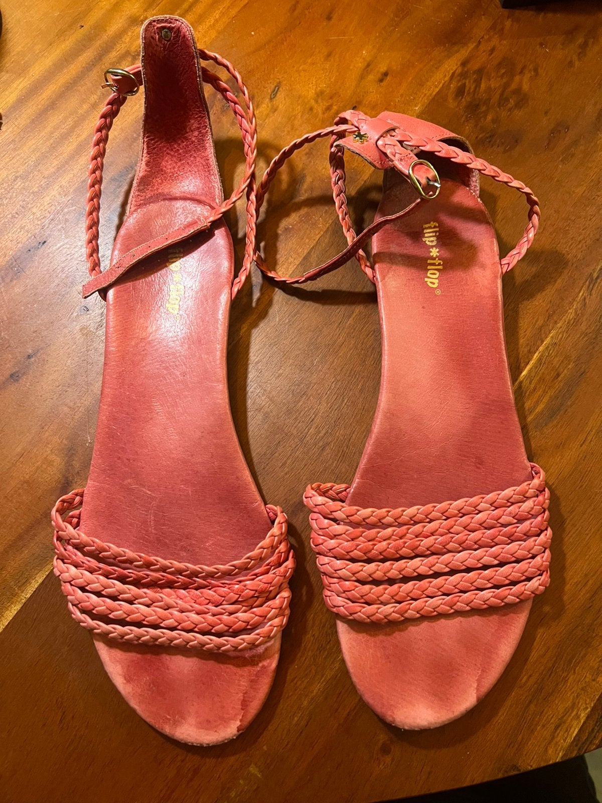 Vintage roze Flip Flop leren koraalroze platte sandalen 42, Zo goed als nieuw, Roze, Sandalen of Muiltjes, Ophalen of Verzenden