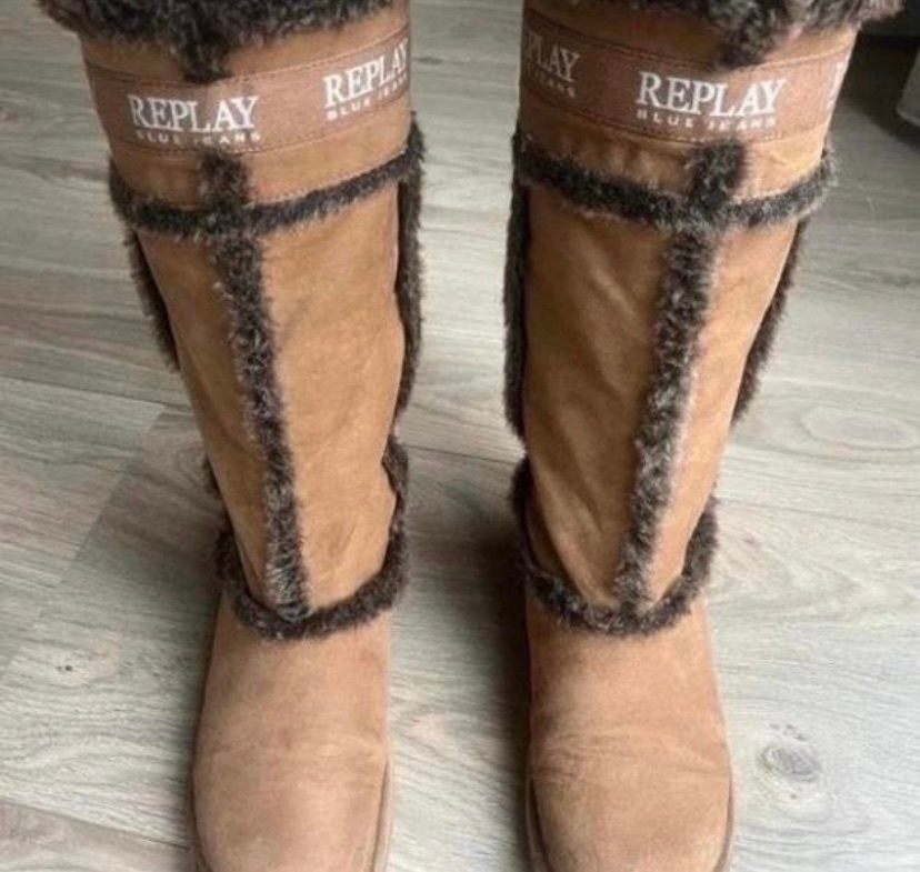 Replay Blue Jeans Laarzen met Bont - Maat 38, Ophalen of Verzenden, Gedragen, Bruin, Hoge laarzen