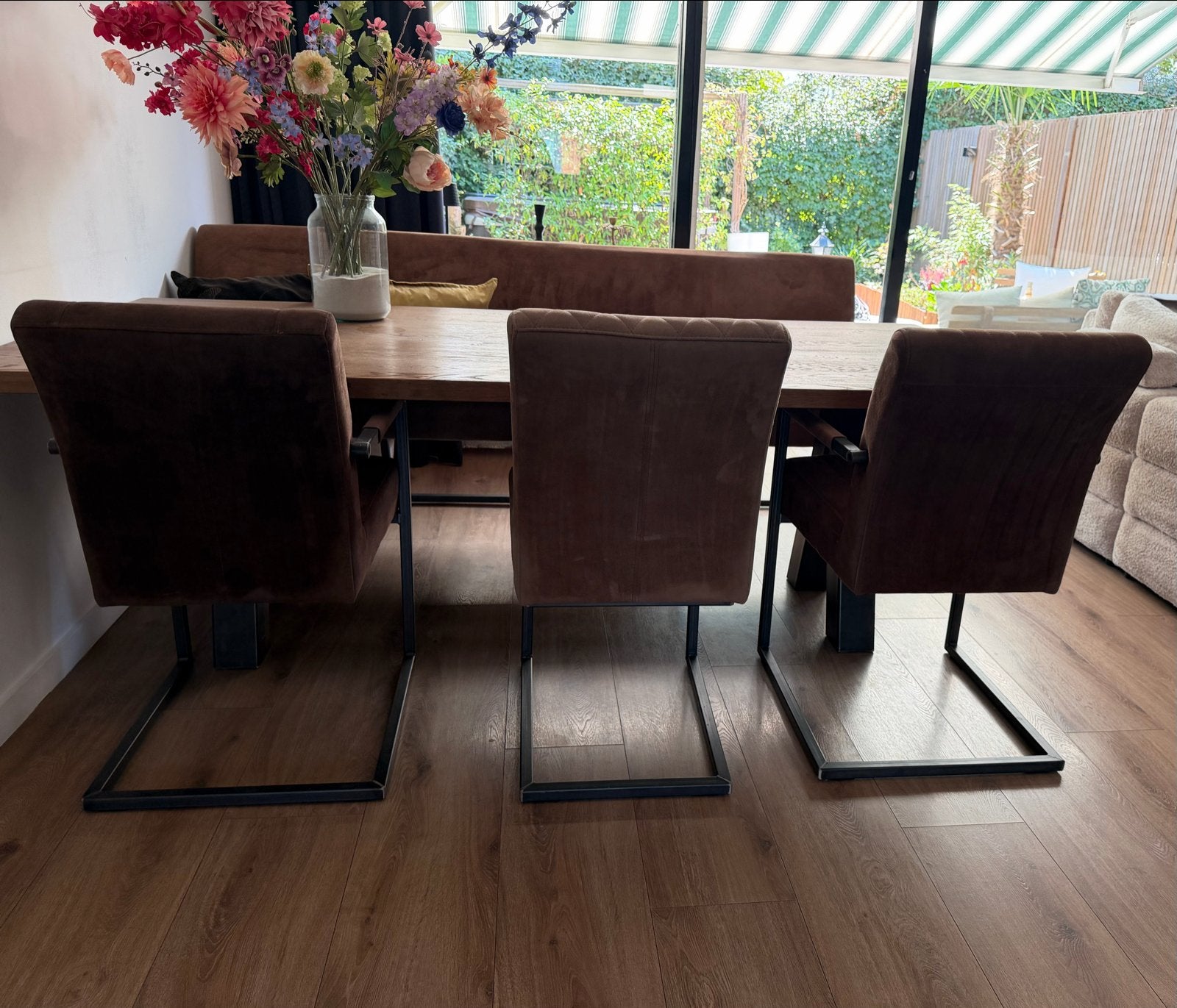 Eettafel met leren bank en stoelen - Bruin, Hout, Huis en Inrichting, Ophalen, Gebruikt, Hout