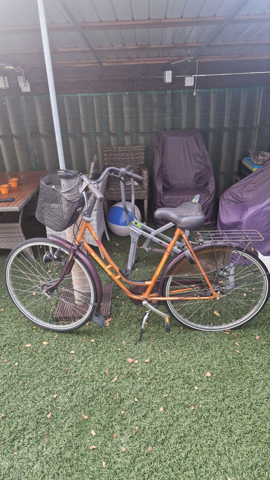 Paars-oranje damesfiets met mandje en comfortabel zadel, Velgrem, 50 tot 53 cm, Ophalen, Overige merken