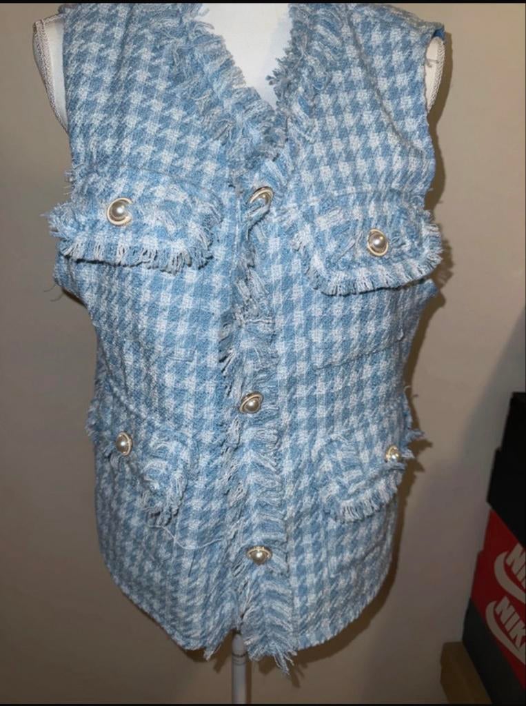 Stijlvol Blauw Gilet met Pied-de-Poule Patroon, Ophalen of Verzenden, Zo goed als nieuw, Maat 38/40 (M), Blauw