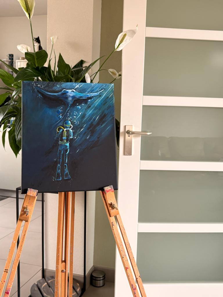 Duiker en Manta Rog Schilderij - Onderwater Kunst, Antiek en Kunst, Ophalen of Verzenden