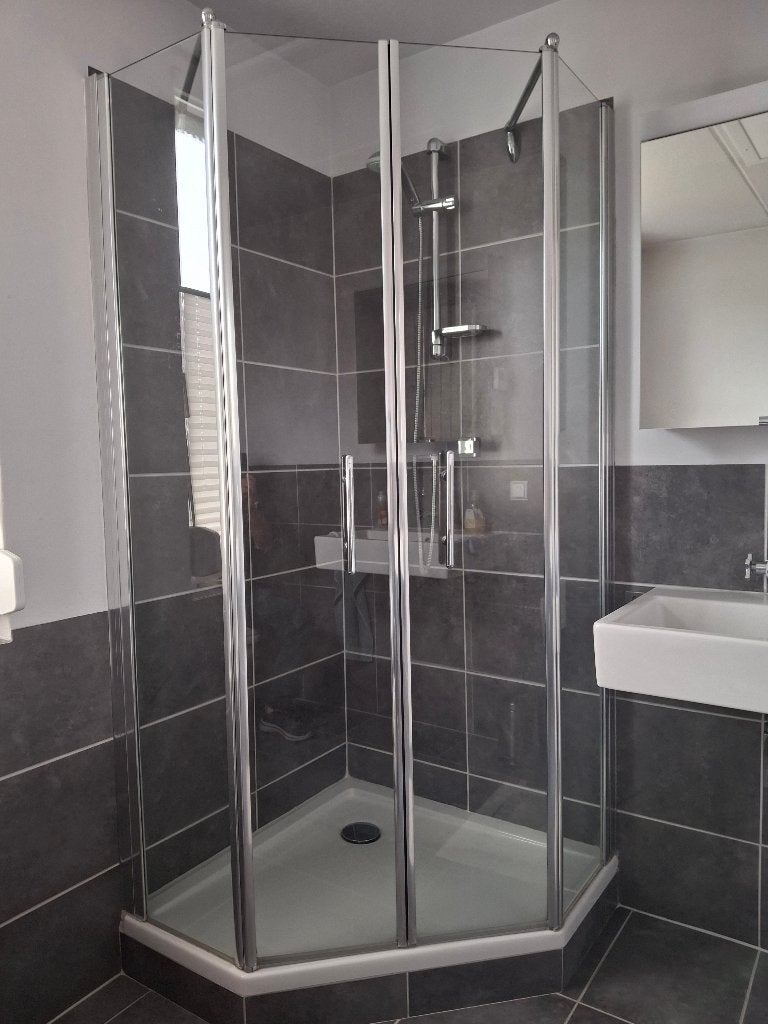 Glazen douchecabine 5-hoek mat-chroom Novellini 90 x 90, Ophalen, Gebruikt, Glas, Douche