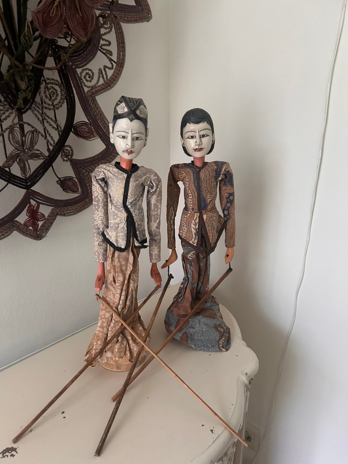 2 Wajang Poppen - Handgemaakt Indonesisch Decor, Ophalen of Verzenden
