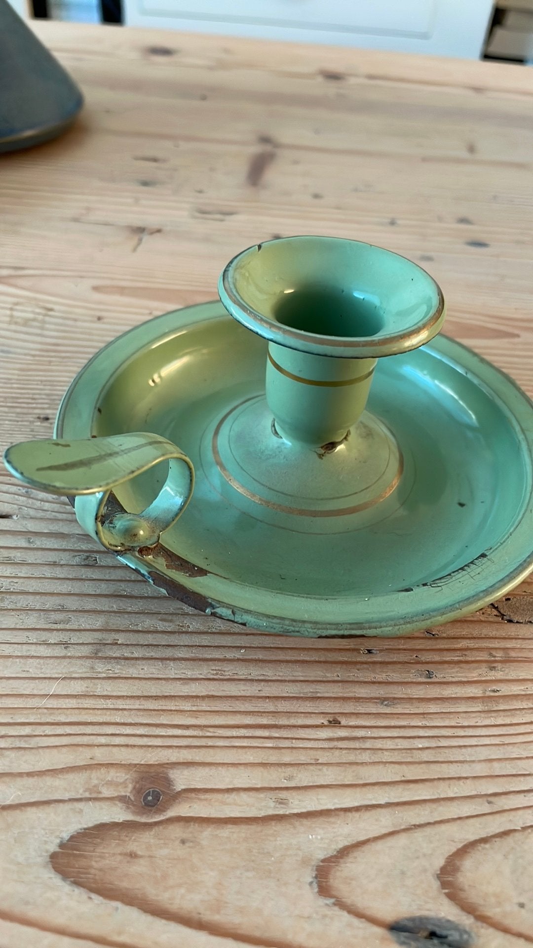 Lichtgroene emaille blaker, kaarsenhouder, Ophalen of Verzenden, Overige materialen