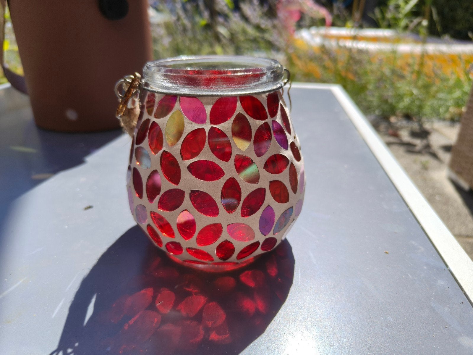 Mozaïek Lantaarn met Touw Handvat - Rood/Paars, Gebruikt, Lantaarn, Meerkleurig, Ophalen of Verzenden