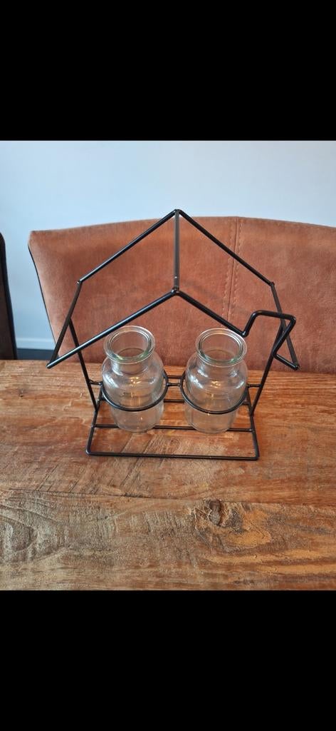 Decoratieve metalen houder met glazen potjes, Huis en Inrichting, Woonaccessoires | Overige, Zwart, Ophalen of Verzenden, Zo goed als nieuw