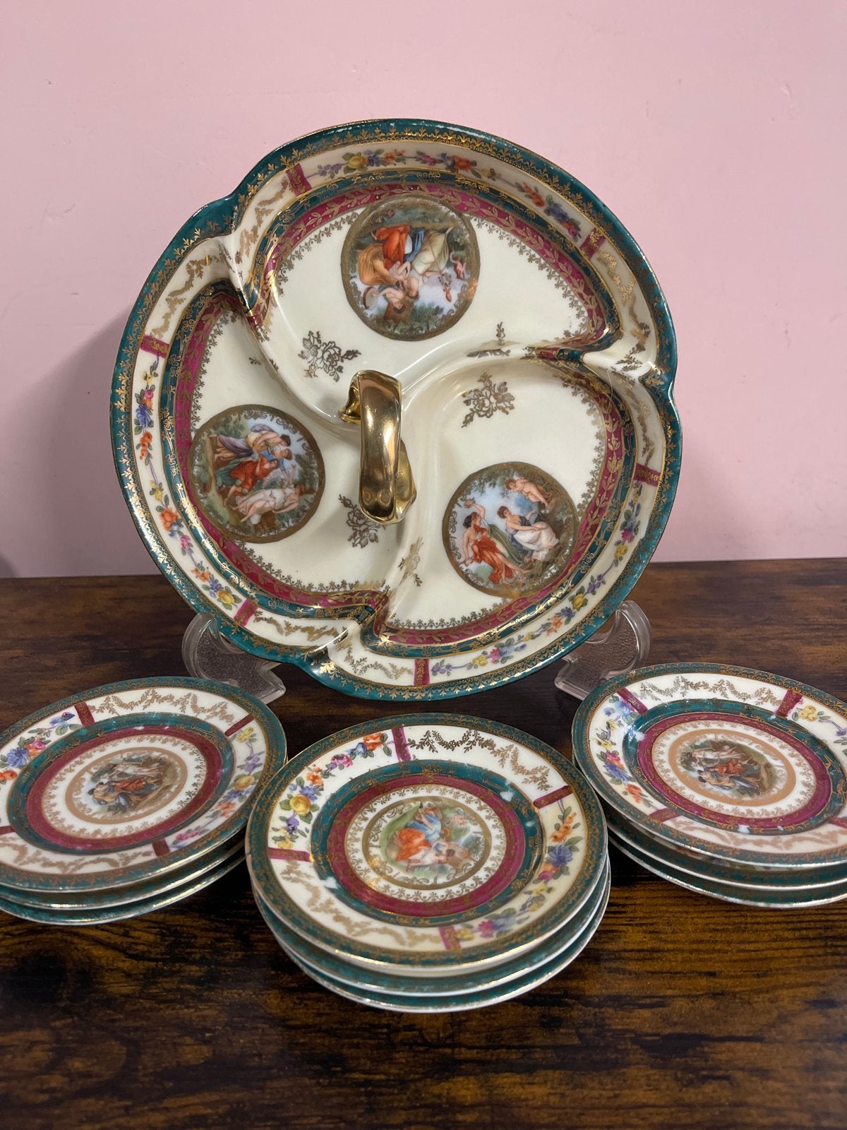 Antiek porseleinen schaal en bordjes set, A. Jungerhans, Ophalen of Verzenden