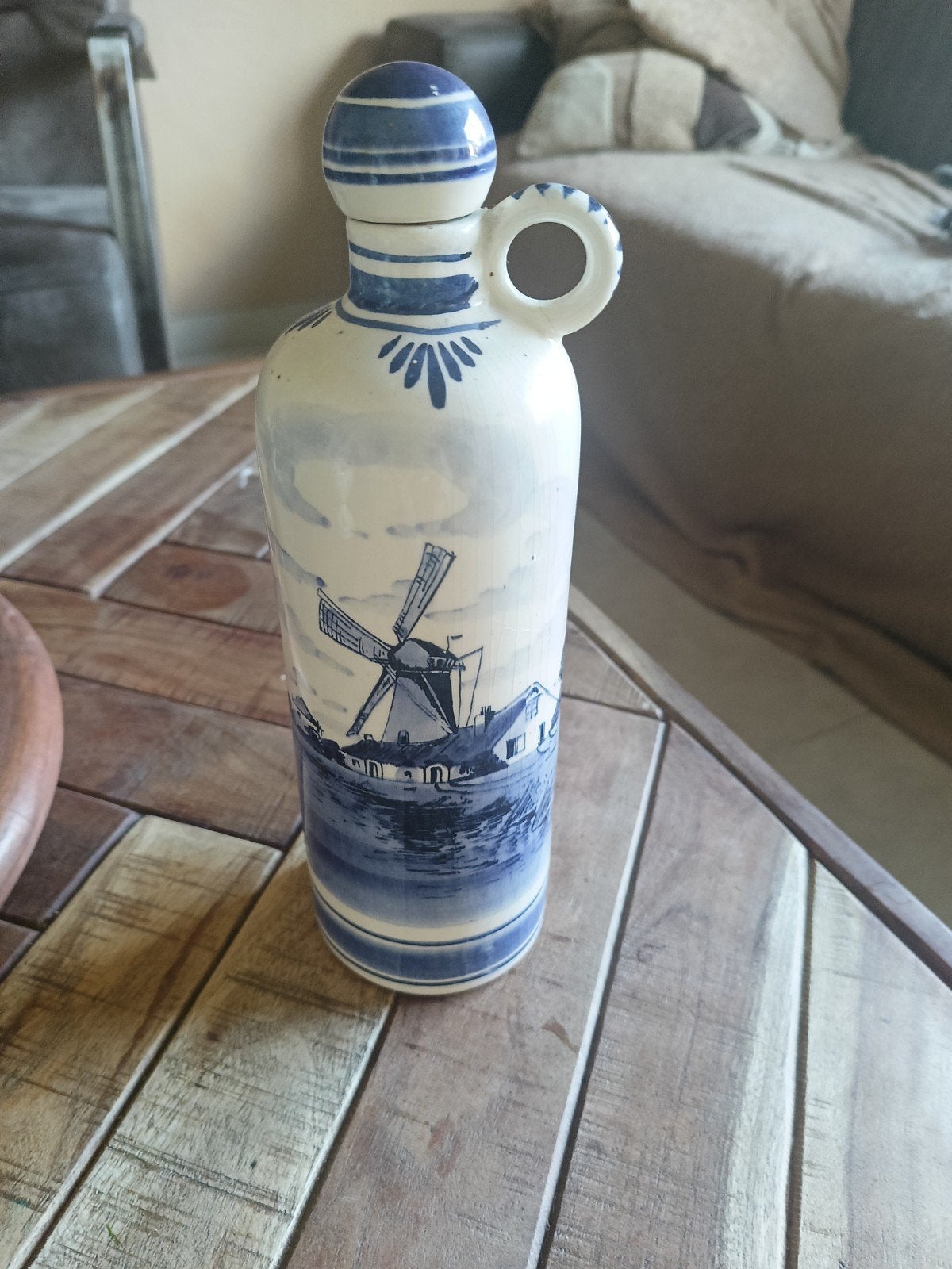 Delfts Blauw Handgeschilderde Fles met Molen Decoratie, Antiek en Kunst, Ophalen of Verzenden