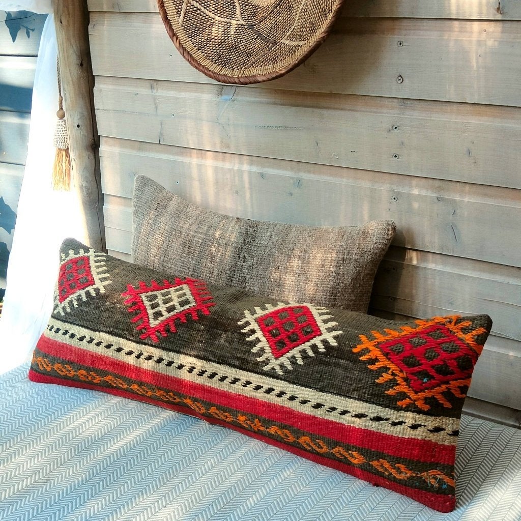 Kelimkussen langwerpig 30x90 rood vervaagd zwart vintage, Yazgibi, Verzenden, Handgemaakt, Nieuw