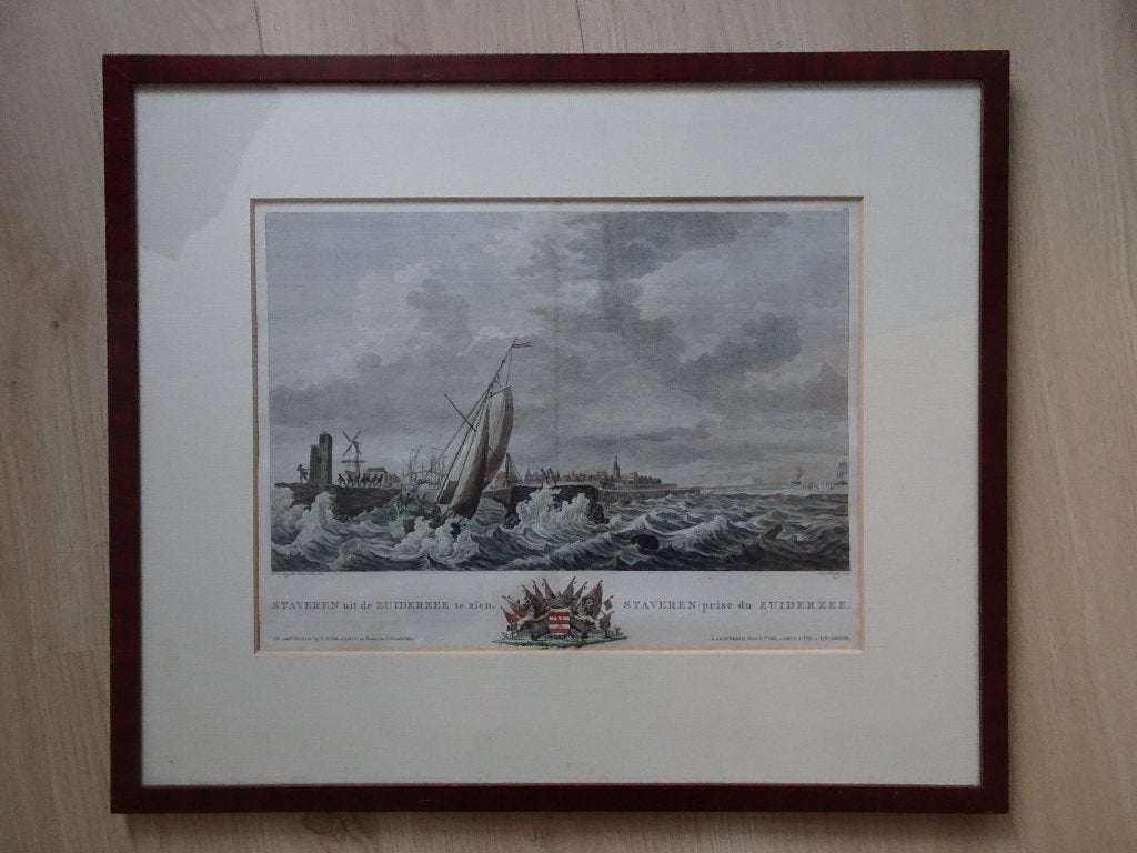 Kopergravure Staveren vanuit Zuiderzee, M. Sallieth 1781, Dagelijks leven, Verzenden, Ingelijst, Gravure
