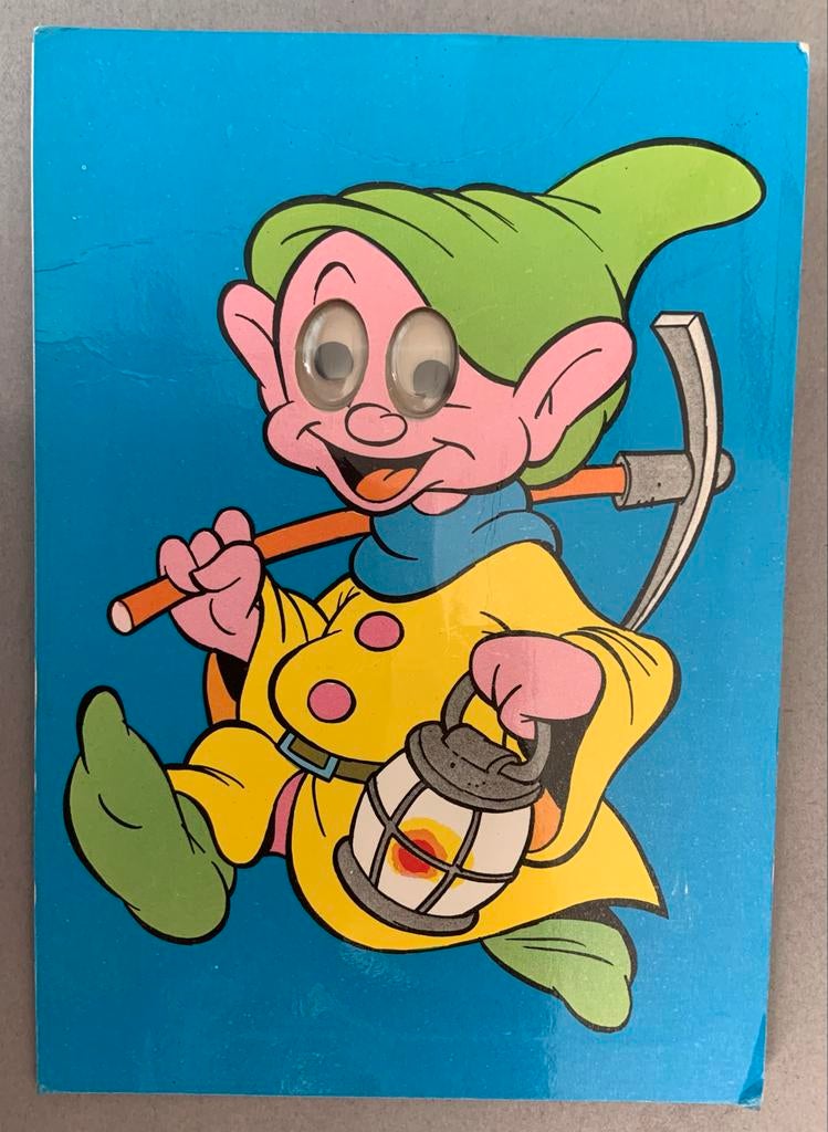 Vintage Disney Dommel (Dopey) kaart met beweegbare ogen, Verzamelen, Disney, Ophalen of Verzenden, Sneeuwwitje of Doornroosje
