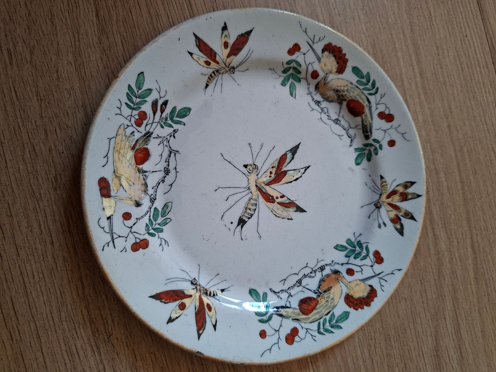 Antiek bord met vogel- en insectendecoratie, Ophalen of Verzenden